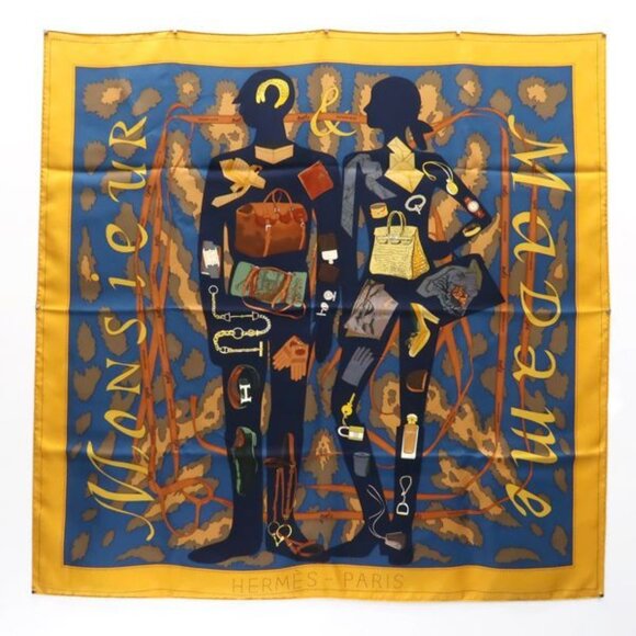 Hermes Carre 90 Monsieur ET Madame Monsieur & Madame Yellow Blue Silk Scarf Box